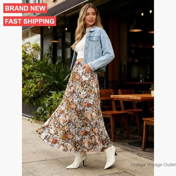 High Waisted Maxi Skirt with Pockets A-Line Pleated Long Casual - Picture 3 of 7